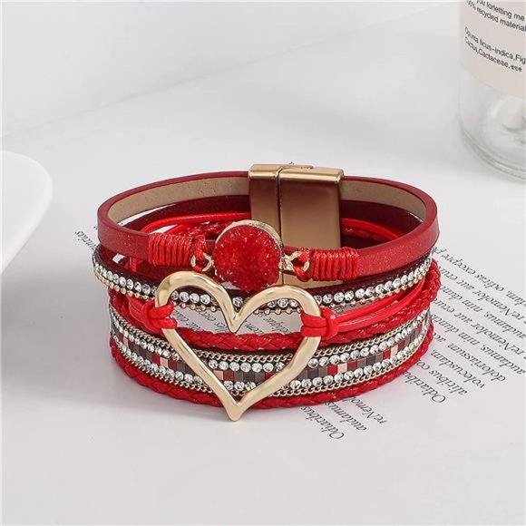 Crystal Heart Beaded Leather Wrap Bracelet for Women - Picture 3 of 6